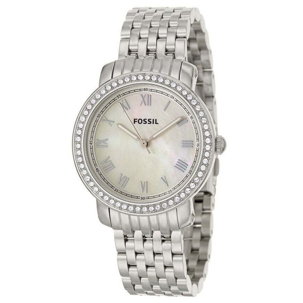 Pearl Face Fossil Watch Silver with Rhinestone